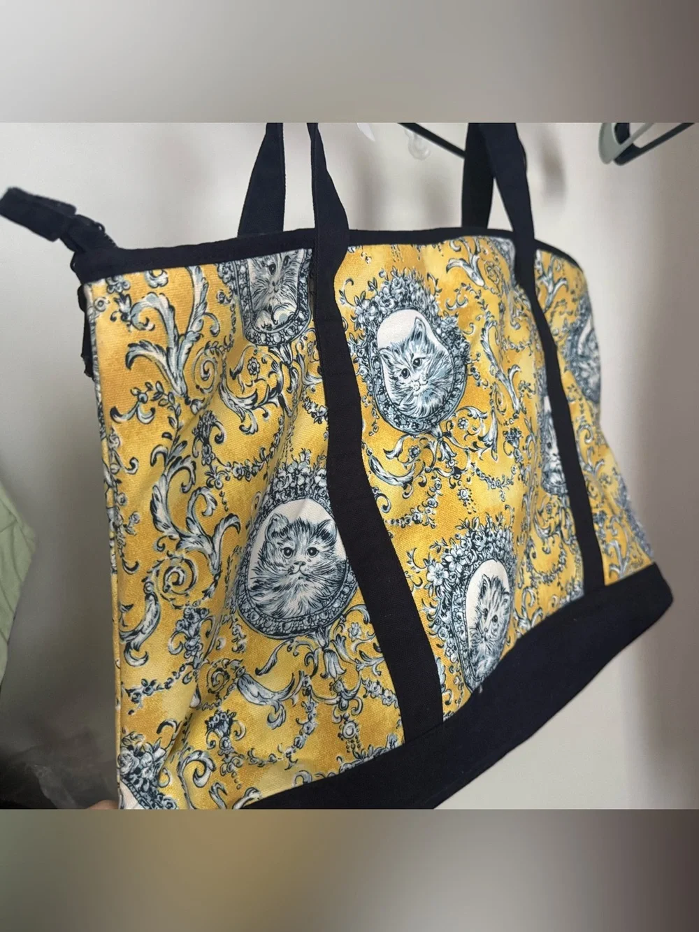 Victorian Cat Toile Tote Bag Yellow & Navy